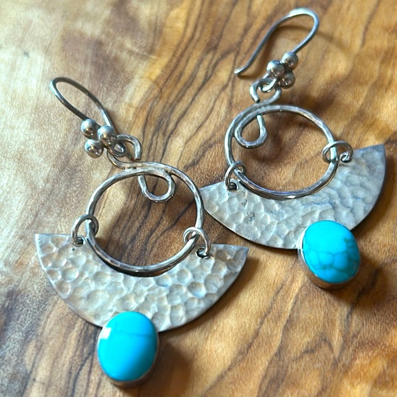 House of Bangles Hammered Sterling Turquoise Earrings From Mexico - Picture 2 of 6